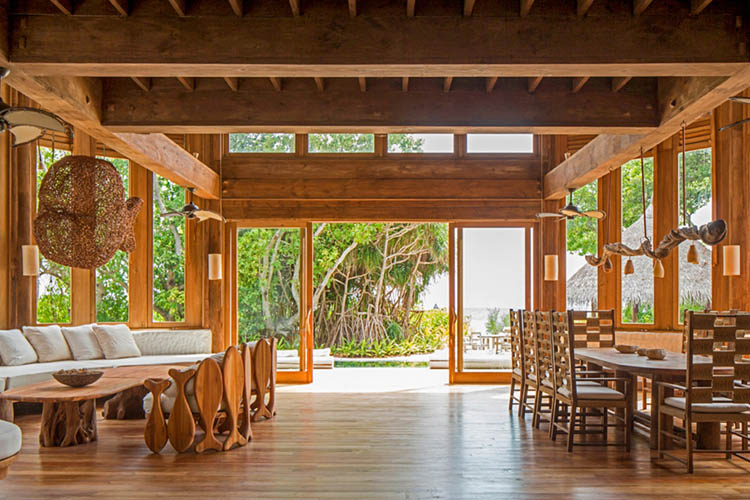 Wayfarers Atlas Soneva Fushi Maldives villa 41 living area. The perfect family-friendly or group surf holiday destination