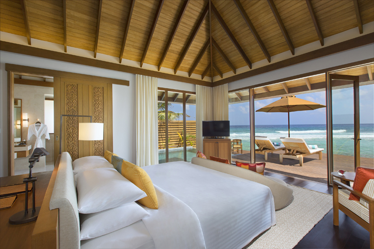 Anantara Veli boardwalk view from ocean pool bungalow and interior Maldives Surf Resorts