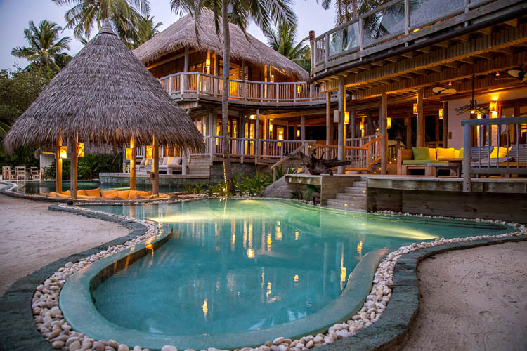 Wayfarers Atlas Soneva Fushi Maldives villa 36 Jungle Reserve pool. The perfect family-friendly or group surf holiday destination