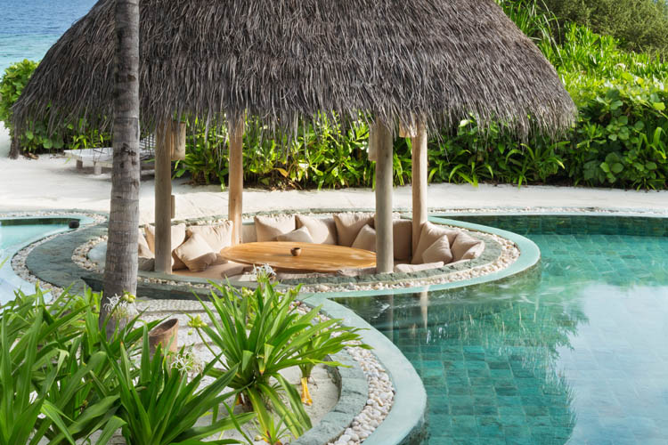 Wayfarers Atlas Soneva Fushi Maldives villa 36 Jungle Reserve pool and outdoor lounge. The perfect family-friendly or group surf holiday destination