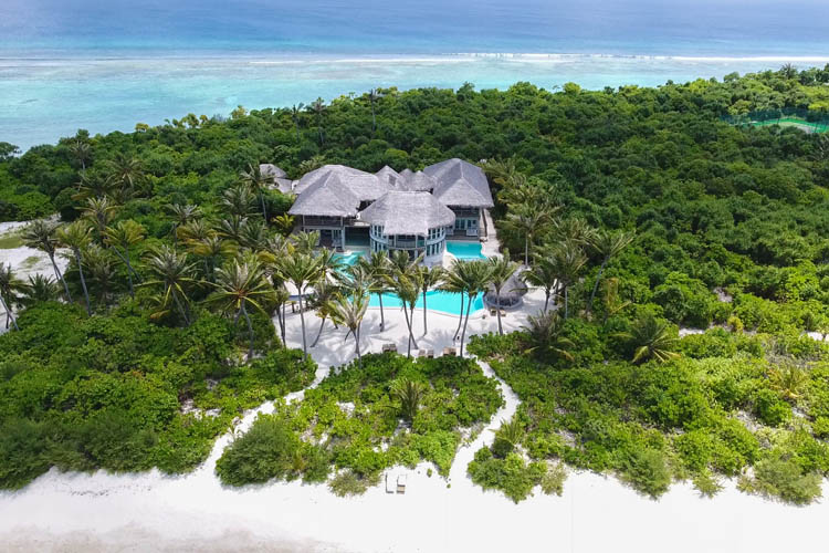 Wayfarers Atlas Luxury Family Surf Resort Soneva Jani Aerial of 4 Bedroom Island Reserve Pool and Waterslide