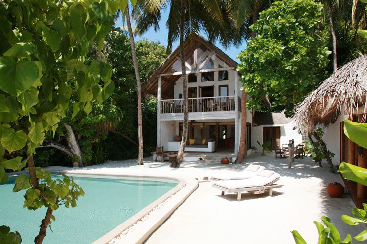 Wayfarers Atlas Soneva Fushi Maldives exterior of crusoe suite with pool. The perfect family-friendly surf holiday destination