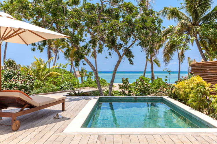 View from beachfront pool villa deck at Six Senses Malolo Fiji