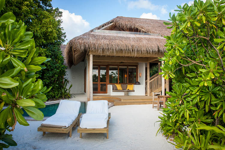 Wayfarers Atlas Soneva Fushi Maldives family villa suite with pool. The perfect family-friendly or group surf holiday destination