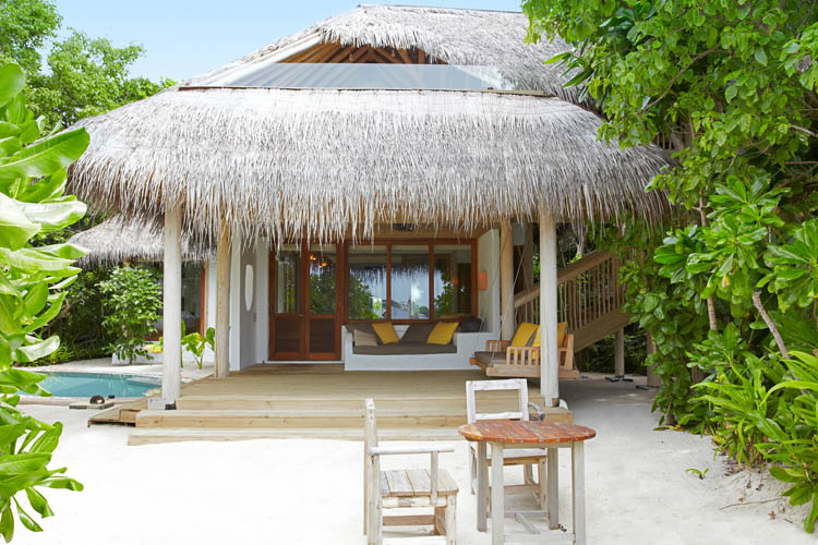 Wayfarers Atlas Soneva Fushi Maldives family villa suite with pool outdoor lounge. The perfect family-friendly or group surf holiday destination