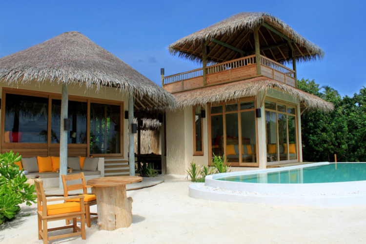 Exterior of Two bedroom Lagoon Beach Villa with Pool at Six Senses Laamu Maldives