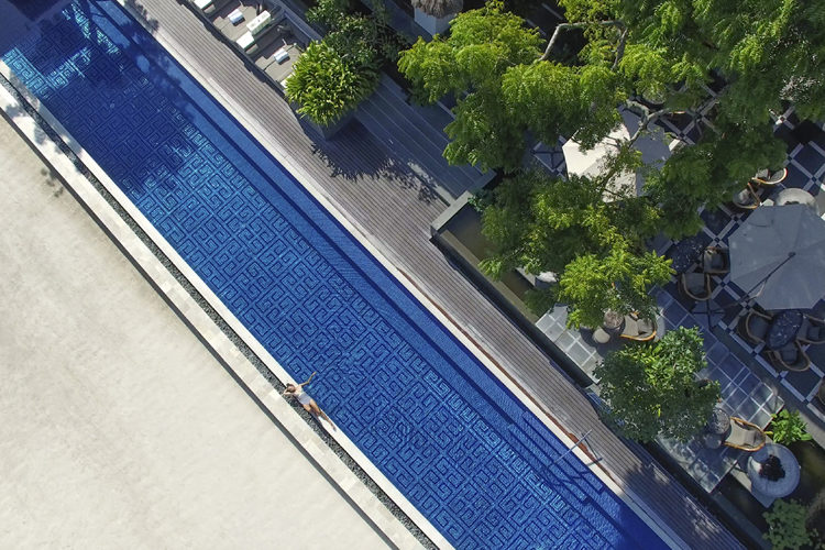 Aerial view of Sundara Infinity Pool at Four Seasons Jimbaran Bay Bali
