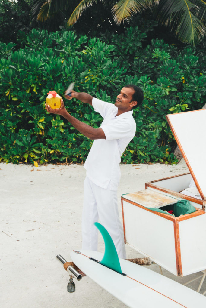 Fresh coconuts at Anantara Dhigu, one of the best surf resorts for kids in the Maldives