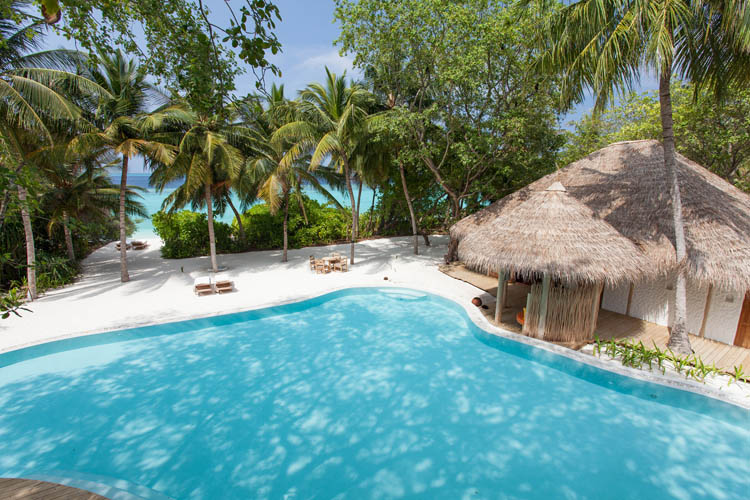 Wayfarers Atlas Soneva Fushi Maldives villa 14 pool. The perfect family-friendly or group surf holiday destination