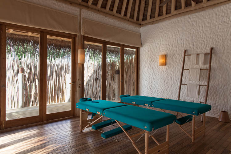 Wayfarers Atlas Soneva Fushi Maldives villa 14 massage room. The perfect family-friendly or group surf holiday destination