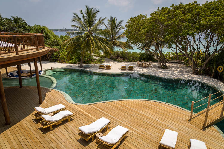 Wayfarers Atlas Soneva Fushi Maldives villa 42 pool. The perfect family-friendly or group surf holiday destination