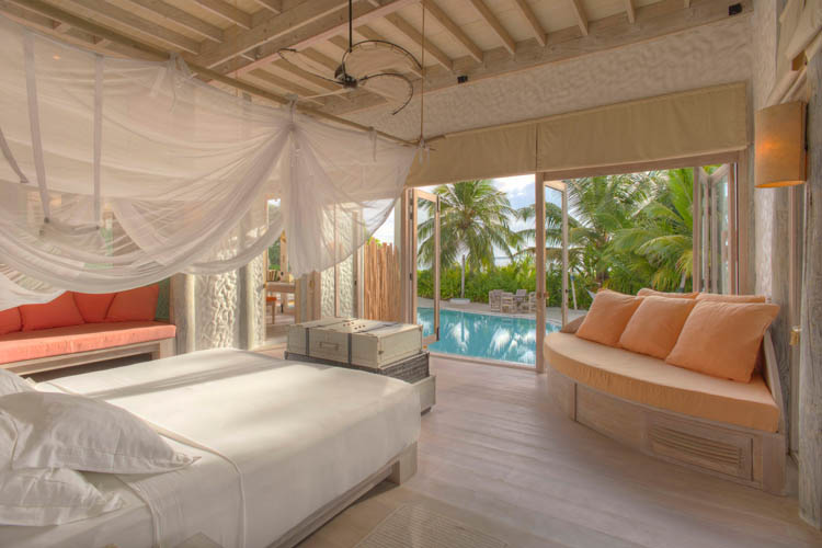 Wayfarers Atlas Soneva Fushi Maldives villa One bedroom. The perfect family-friendly or group surf holiday destination