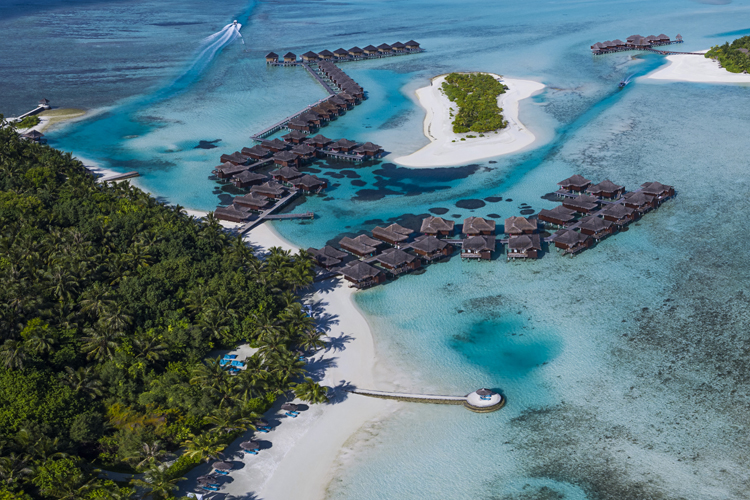 Aerial view over Anantara Veli the perfect adults-only surf resort