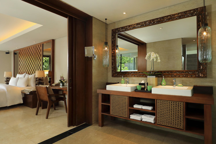Bathroom interior in two bedroom garden pool villa at Anantara Uluwatu.