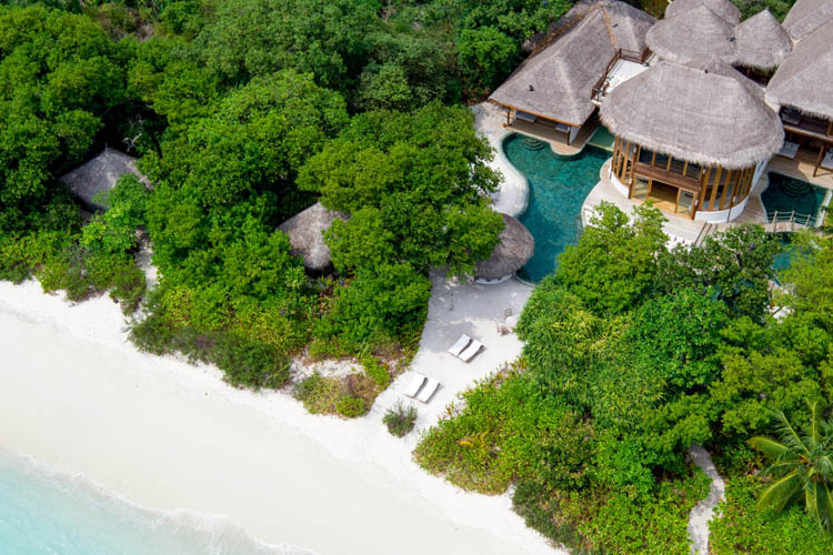 Wayfarers Atlas Soneva Fushi Maldives villa 41 aerial. The perfect family-friendly or group surf holiday destination