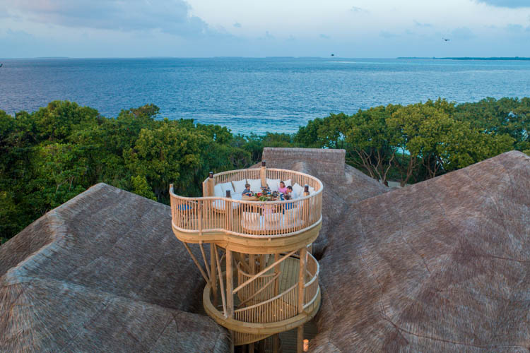 Wayfarers Atlas Soneva Fushi Maldives villa 37 rooftop lounge. The perfect family-friendly or group surf holiday destination