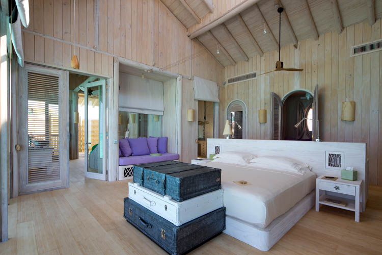 Wayfarers Atlas Luxury Family Surf Resort Soneva Jani Resort interior of 1 Bedroom Water Retreat bedroom