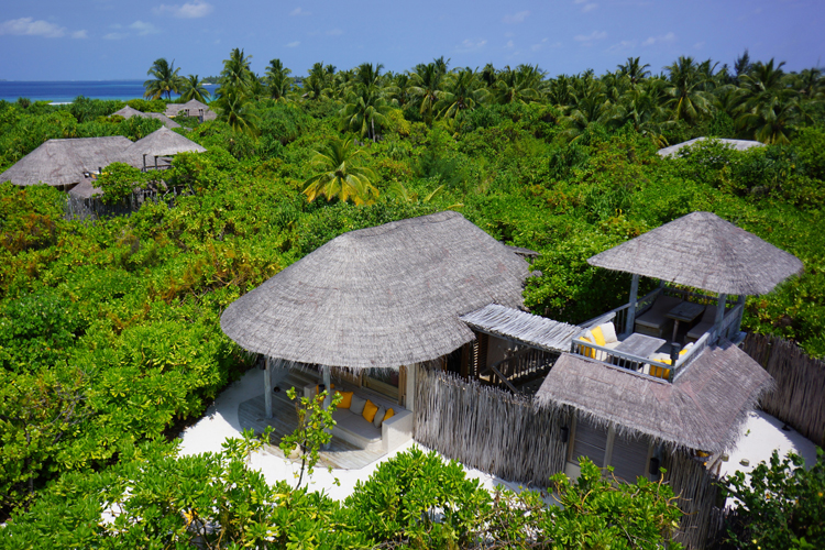 Six Senses Laamu Laamu Aerial of ocean beach villas