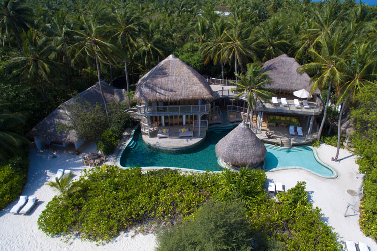 Wayfarers Atlas Soneva Fushi Maldives villa 36 Jungle Reserve aerial. The perfect family-friendly or group surf holiday destination