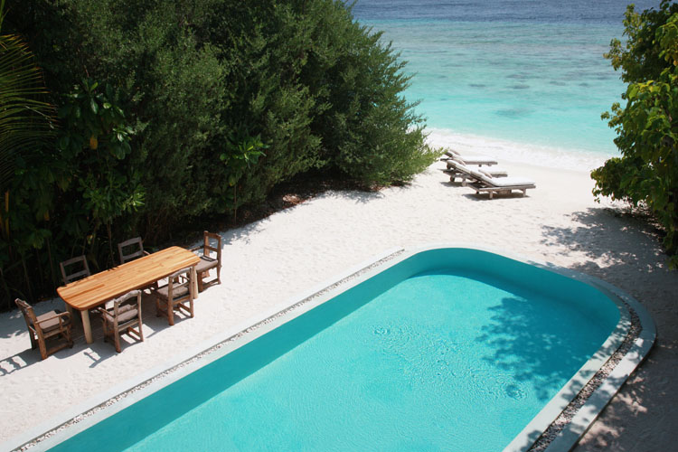 Wayfarers Atlas Soneva Fushi Maldives crusoe suite with pool. The perfect family-friendly surf holiday destination