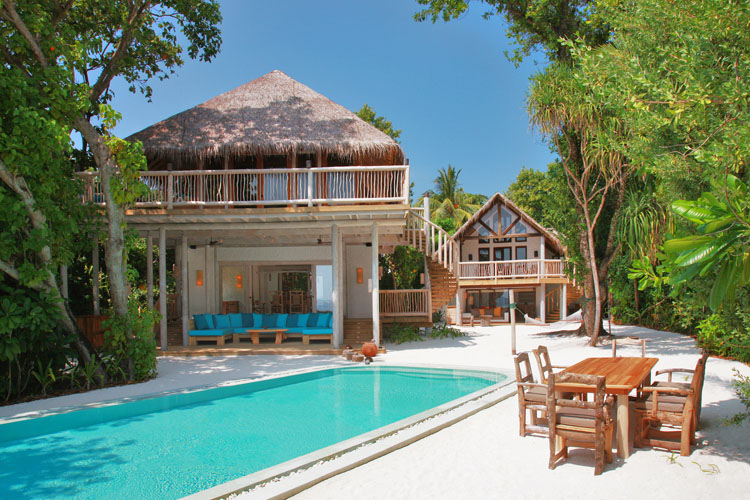 Wayfarers Atlas Soneva Fushi Maldives exterior of crusoe suite with pool. The perfect family-friendly surf holiday destination