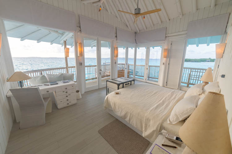 Wayfarers Atlas Luxury Family Surf Resort Soneva Jani 3 Bedroom Water Reserve bedroom with views out to the ocean