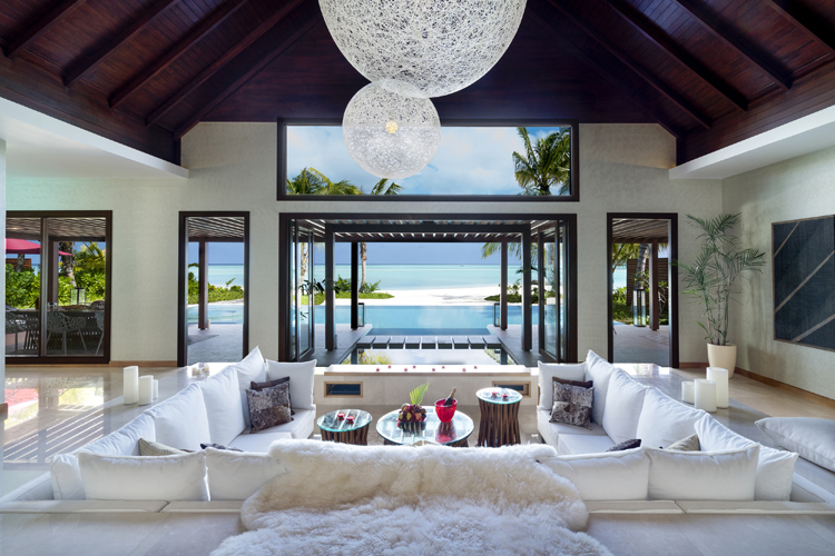 interior of living room in 3 bedroom family beach pavilion at Niyama Private Islands
