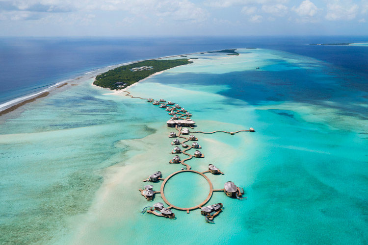 Wayfarers Atlas Luxury Family Surf Resort aerial view of Soneva Jani overwater villas