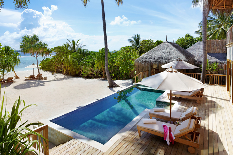 Six Senses Laamu Laamu two bedroom ocean beach villa with pool view from deck