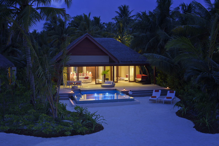 Exterior of Beach Pool Suite at Night at Niyama Private Islands Maldives