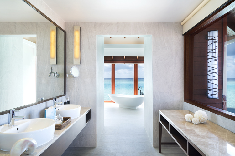 interior of bathroom in overwater suite at Anantara Dhigu, Maldives