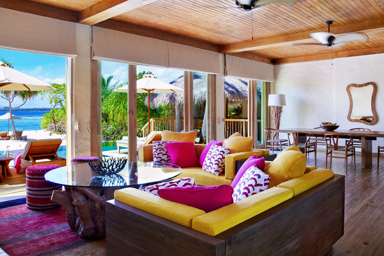 Six Senses Laamu Laamu lounge room interior of two bedroom ocean beach villa with pool