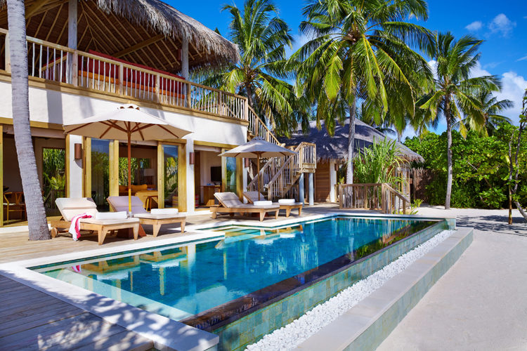 Six Senses Laamu Laamu exterior of two bedroom ocean beach villa with pool