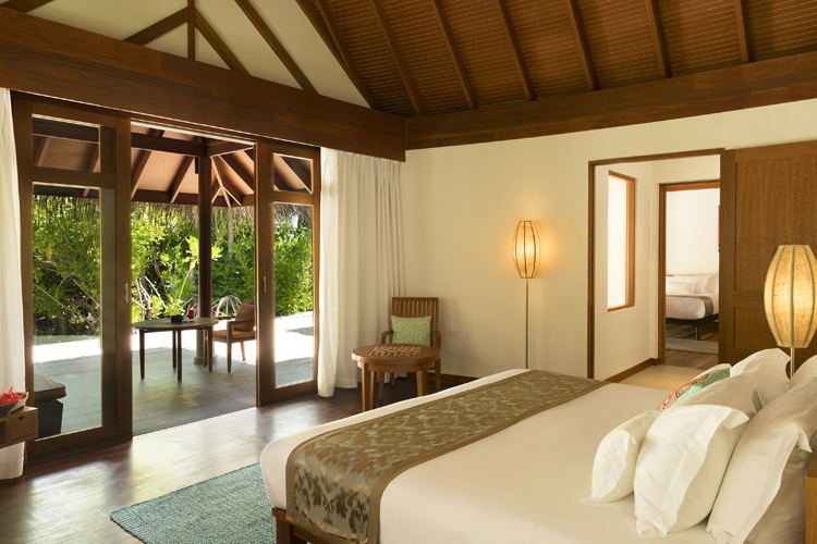 interior of bedroom in two bedroom family villa at Anantara Dhigu, Maldives