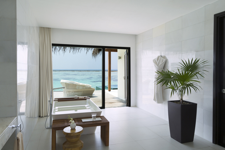 Interior of bathroom in one bedroom Water Pavilion at Niyama Private Islands Maldives