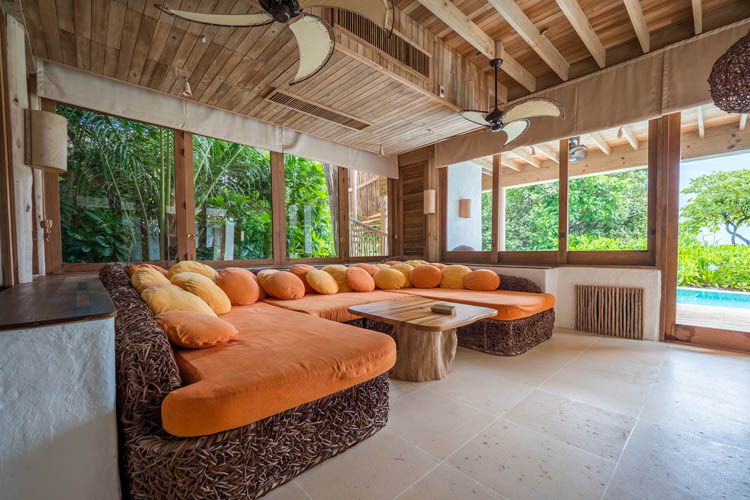 Wayfarers Atlas Soneva Fushi Maldives 9 Bedroom villa lounge. The perfect family-friendly or group surf holiday destination