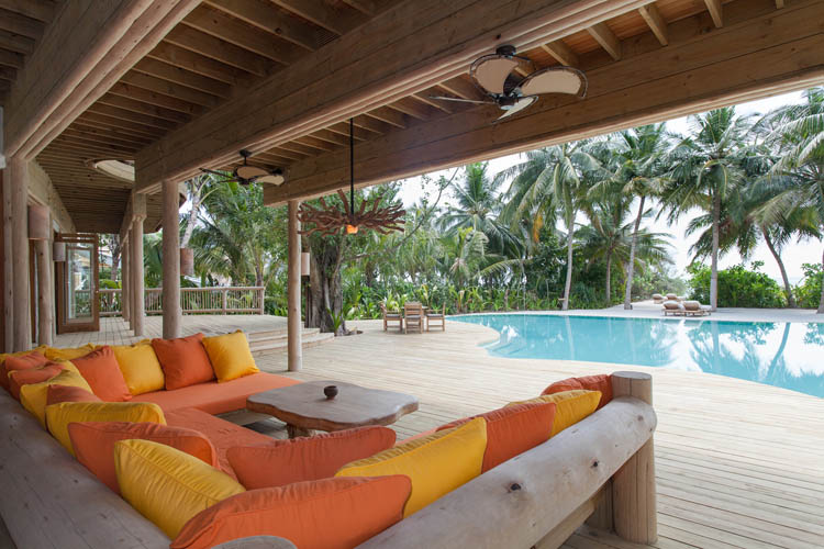 Wayfarers Atlas Soneva Fushi Maldives villa 14 pool and lounge. The perfect family-friendly or group surf holiday destination