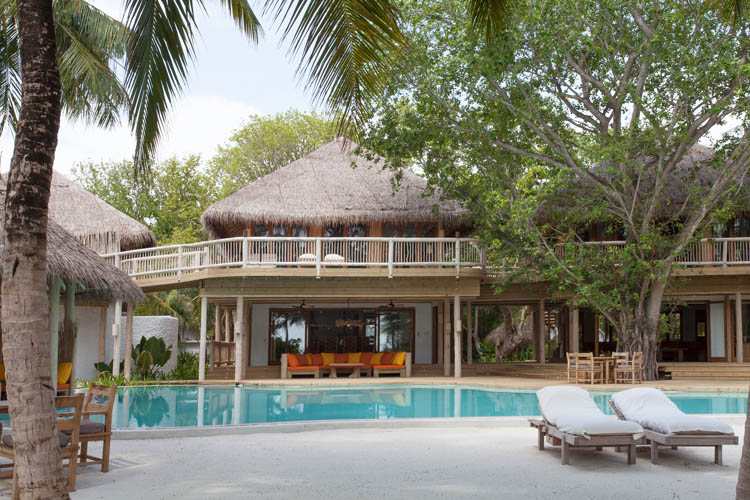 Wayfarers Atlas Soneva Fushi Maldives villa 14 pool. The perfect family-friendly or group surf holiday destination